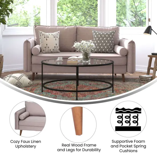 Emma and Oliver Carthage Upholstered Mid-Century Modern Pocket Spring Sofa with Wooden Legs and Removable Back Cushions Taupe {2}