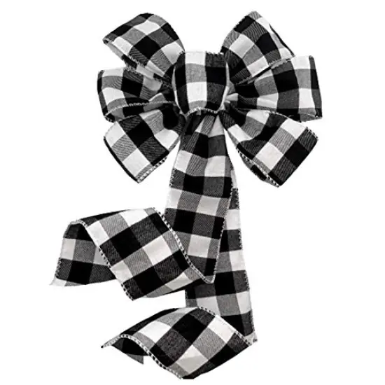 Buffalo Plaid Christmas Wreath Bow - 10" Wide, 18" Long Pre-Tied Bow, Black and White Checkers, Fall Decor, Door Decoration, Swag, Wreath, Garland, Boxing Day, Winter, Thanksgiving {1}