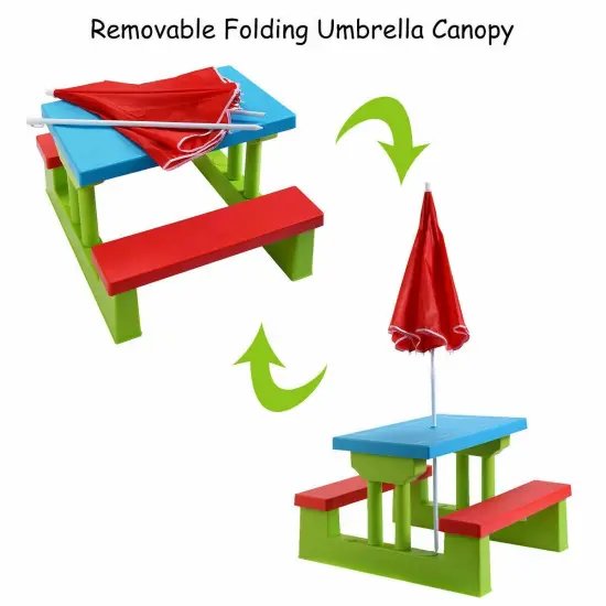 Kids Picnic Folding Table and Bench Set with Umbrella Green {3}