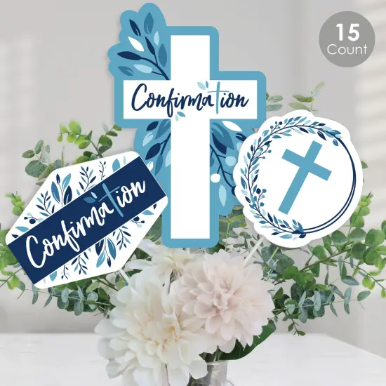 Big Dot of Happiness Confirmation Blue Elegant Cross - Boy Religious Party Centerpiece Sticks - Table Toppers - Set of 15 {1}