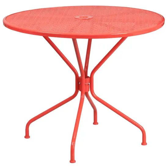 Emma and Oliver Commercial Grade 35.25" Round Metal Garden Patio Table Set, 4 Square Back Chairs Coral {3}