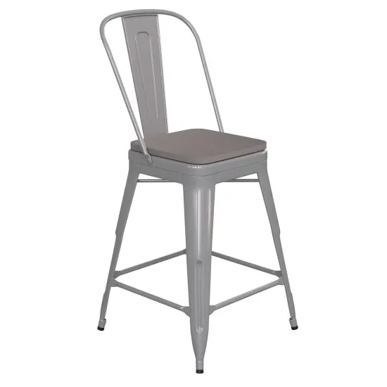 Emma and Oliver Kam Metal Indoor-Outdoor Stool with Removable Back and All-Weather Polystyrene Seat Yellow/Teak {6}