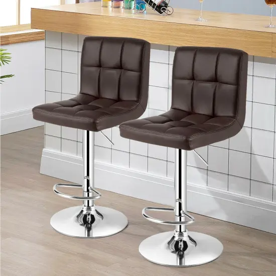 Set of 2 Square Swivel Adjustable PU Leather Bar Stools with Back and Footrest Brown {1}