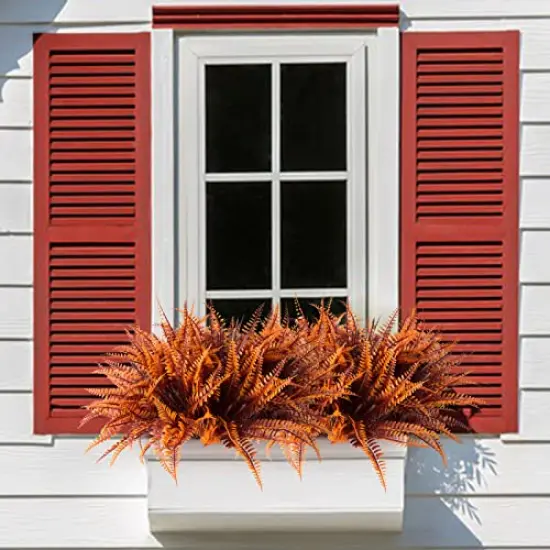 12 Bundles Artificial Fall Plants, Fake Boston Fern Greenery Outdoor UV Resistant No Fade Faux Plastic Plants Garden Porch Window Box Decorating(Fall Boston Fern) {5}