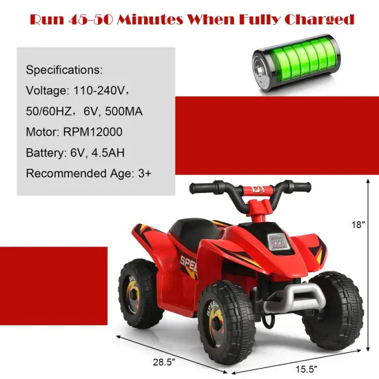 6V Kids Electric 4 Wheels Ride-On Toy with Wear-Resistant Wheels for Indoor Outdoor Use Red {4}