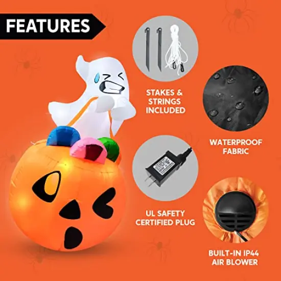 Joiedomi 5 FT Tall Halloween Inflatable Cute Ghost Inflatable Lift Pumpkin Candy Bag with Build-in LEDs Blow Up Inflatables for Halloween Party Indoor, Outdoor, Yard, Garden, Lawn Decorations {4}