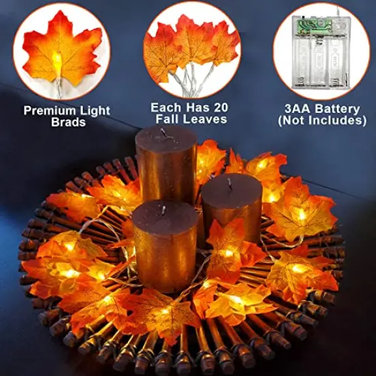 2 Pack Fall Decor Enlarged Maple Leaf Fall Lights Thick Leaf Garlands,Total 20Ft 40LED Lights Battery Operated Waterproof Fall Decorations Home Indoor Outdoor Autumn Thanksgiving Halloween Decor {5}