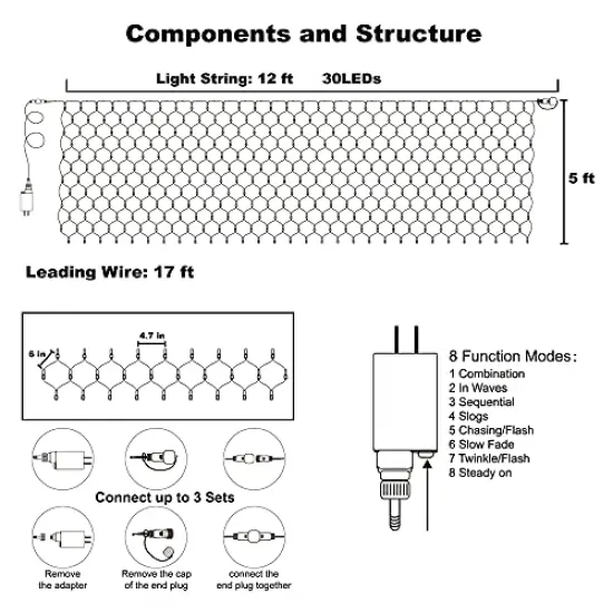 Outdoor Halloween Net Lights, 12FT x 5FT 360 LED Fairy String Light with 8 Lighting Modes, Connectable Light Safe Adaptor for Garden Tree, Bushes, Holiday Wedding Party Decorations, Orange {5}