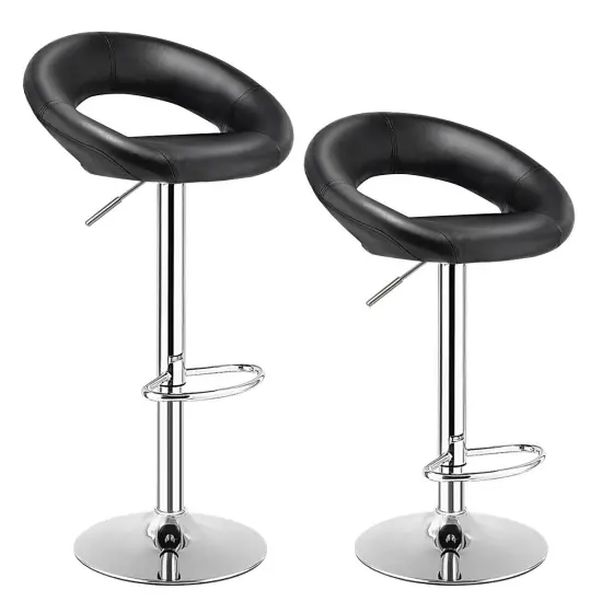 Height Adjustable Bar Stools Set of 2 with Hollow Back and Footrest Black {2}
