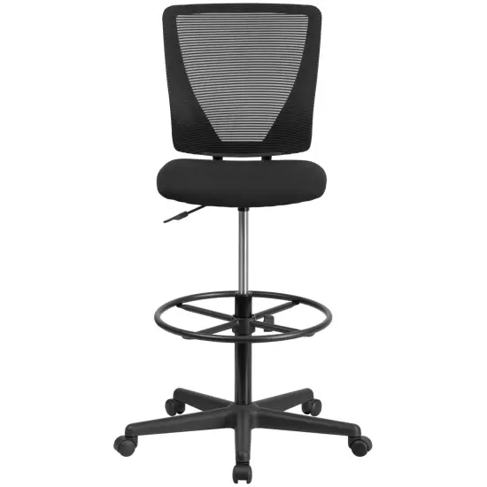 Emma and Oliver Ergonomic Mid-Back Mesh Drafting Chair with Fabric Seat and Adjustable Foot Ring Black {3}