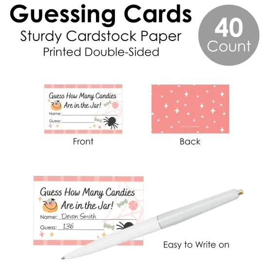 Big Dot of Happiness Pastel Halloween - How Many Candies Pink Pumpkin Party Game - 1 Stand and 40 Cards - Candy Guessing Game {7}