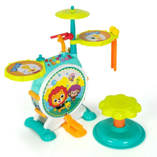3 Pieces Electric Kids Drum Set with Microphone Stool Pedal {1}