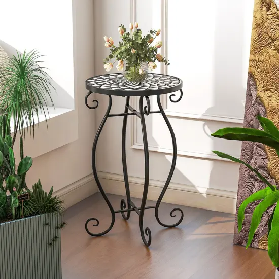 Costway Mosaic Outdoor Side Table, Round End Table with Weather Resistant Ceramic Tile Tabletop {2}