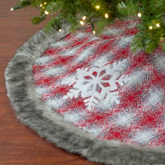 Northlight 48" Red and White Plaid Christmas Tree Skirt with Snowflake {1}