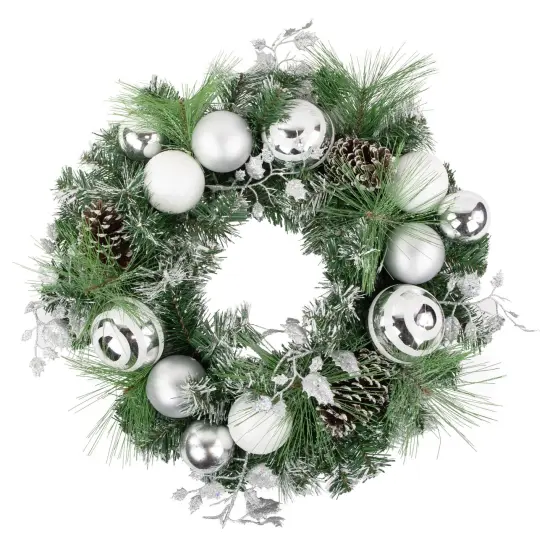 Northlight Green Pine Needle Wreath with Pinecones and Christmas Ornaments, 24-Inch, Unlit White {1}