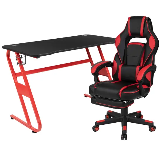 Emma and Oliver Gaming Bundle-Cup/Headphone Desk & Reclining Footrest Chair Red {1}