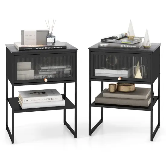 Costway 1/2 PCS Home Nightstand 3-Tier Storage Table with Door Open Shelf Heavy-duty Metal Frame Black {8}