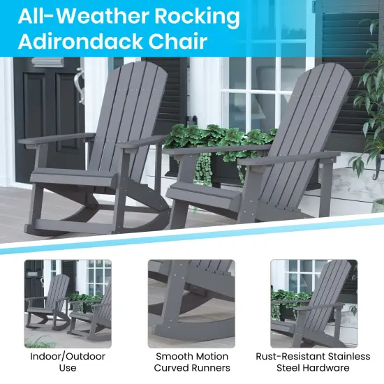 Merrick Lane Atlantic All-Weather Polyresin Adirondack Rocking Chair with Vertical Slats and Weather Resistant Cushions Gray/Blue {7}