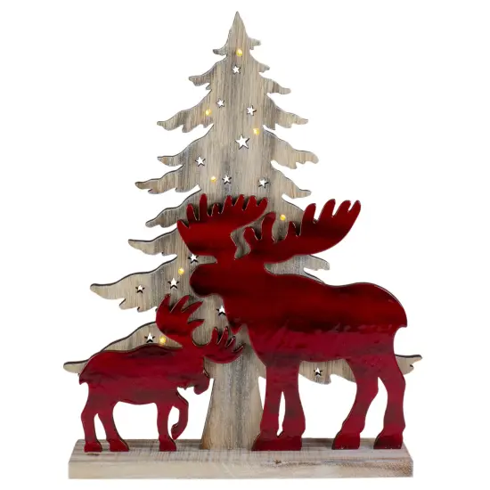 Northlight Lighted Moose and Christmas Tree Wooden Decoration - 13.5" - Warm White LED Lights Red {1}