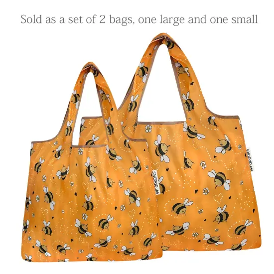 Wrapables Large & Small Foldable Tote Nylon Reusable Grocery Bags, Set of 2 Yellow Bees {3}