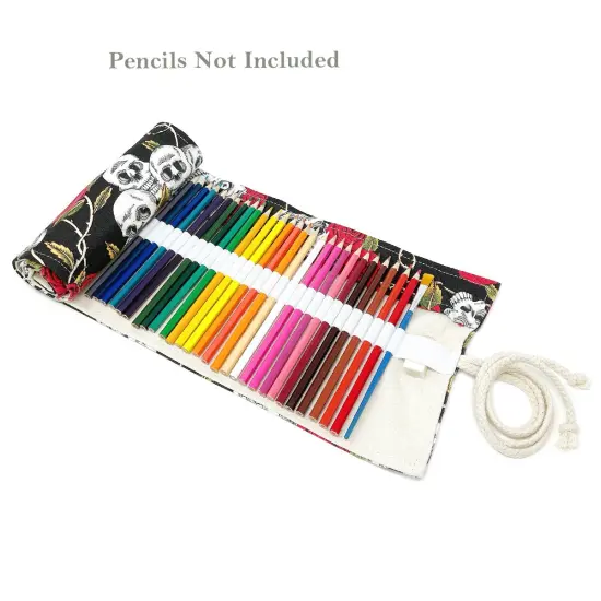 Wrapables Pencil Roll Organizer, Colored Pencil Wrap Pouch (72 slots) Skulls Roses {4}
