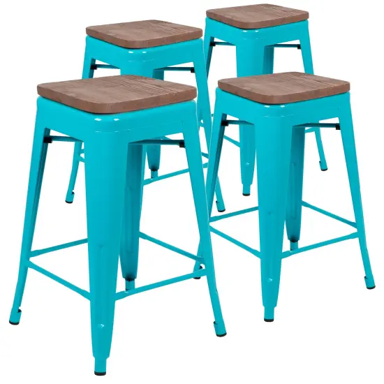 Merrick Lane Brooklyn 24 Inch Tall Stackable Metal Bar Counter Stool With Textured Elm Wood Seat In Set Of 4 Gun Metal {8}
