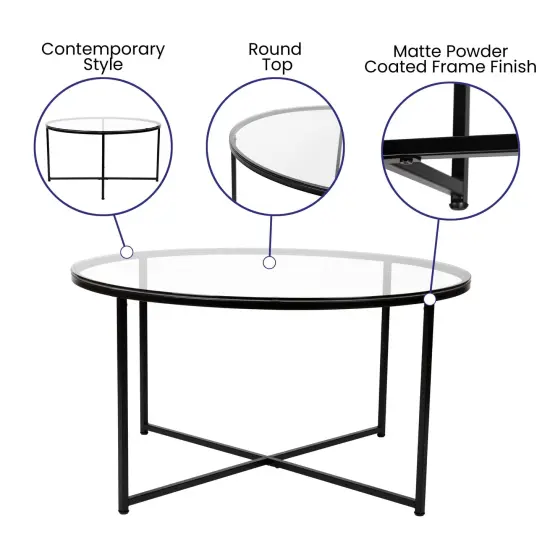 Merrick Lane Fairdale Coffee Table with Round Cross Brace Frame Clear/Matte Black {2}