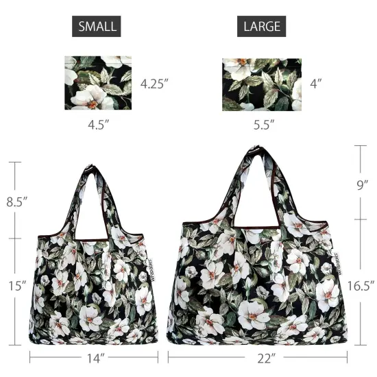 Wrapables Large & Small Foldable Tote Nylon Reusable Grocery Bags, Set of 2 White Pansies {2}