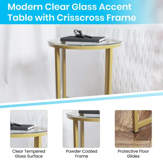 Merrick Lane Fairdale End Table with Round Cross Brace Frame Clear/Brushed Gold {2}