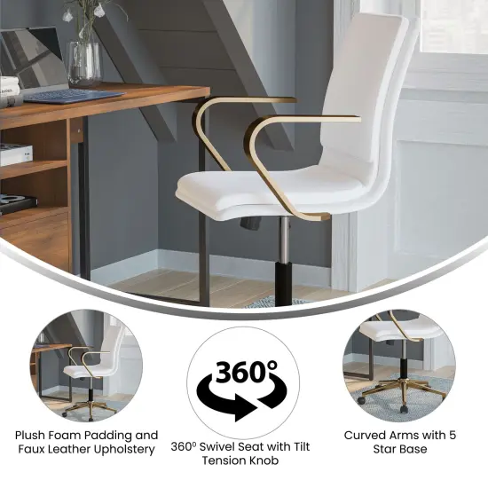 Merrick Lane Artemis Mid-Back Home Office Chair with Armrests, Height Adjustable Swivel Seat and Five Star Base White/Gold {2}