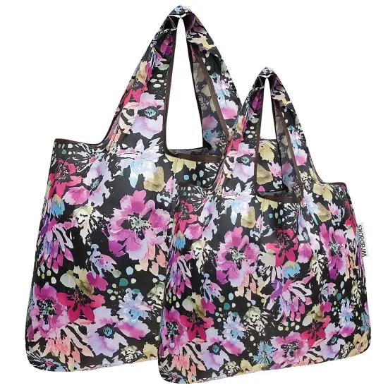 Wrapables Large & Small Foldable Tote Nylon Reusable Grocery Bags, Set of 2 Violet Flowers {1}