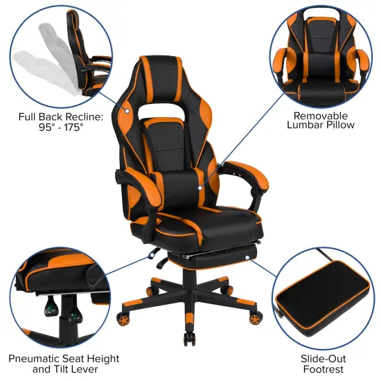 Emma and Oliver Ergonomic Gaming Chair -Recline Back/Arms, Footrest, Massaging Lumbar Black/Orange {2}