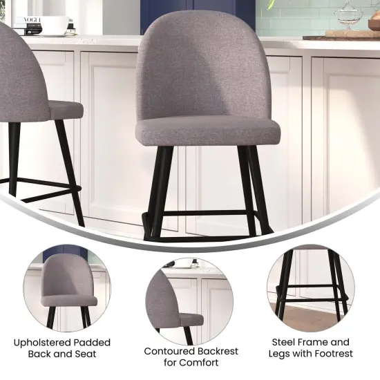 Merrick Lane Teague Set of 2 Modern Armless Barstools with Contoured Backs, Steel Frames, and Integrated Footrests Gray Faux Linen {2}