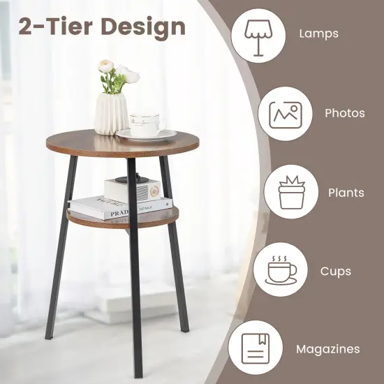 Costway 2PCS 2-Tier Bedside End Table Round Nightstand for Bedroom Living Room Brown/Walnut {6}