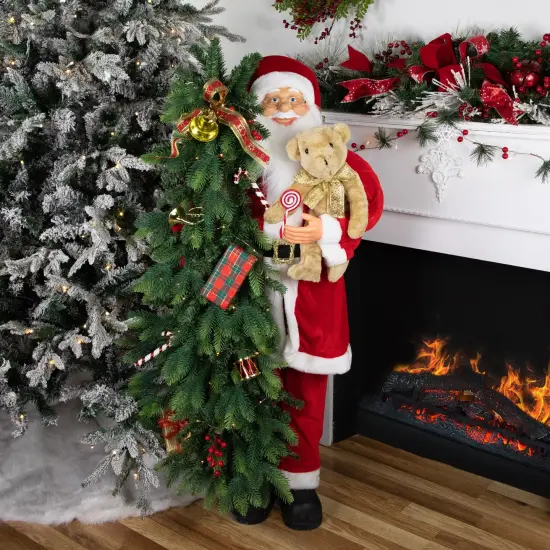 Northlight 48" Musical Santa Claus with Lighted Christmas Tree and Teddy Bear Standing Christmas Figure Red {3}