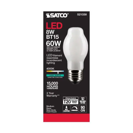 6Pk - Satco 8w BT15 LED 4000K Medium Base White Dimmable - 60w equiv Cool White {5}
