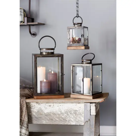Melrose Set of 3 Bronze Glass Candle Lanterns With a Latch Hook Lock - 21" {3}