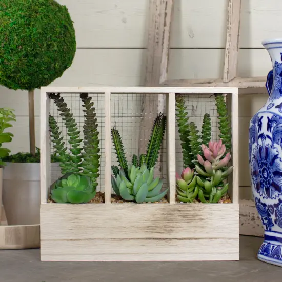 Northlight 11" Artificial Mixed Succulent Arrangement in a Wooden Planter Box Brown {3}