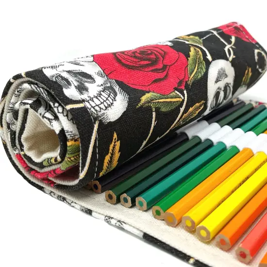 Wrapables Pencil Roll Organizer, Colored Pencil Wrap Pouch (72 slots) Skulls Roses {6}