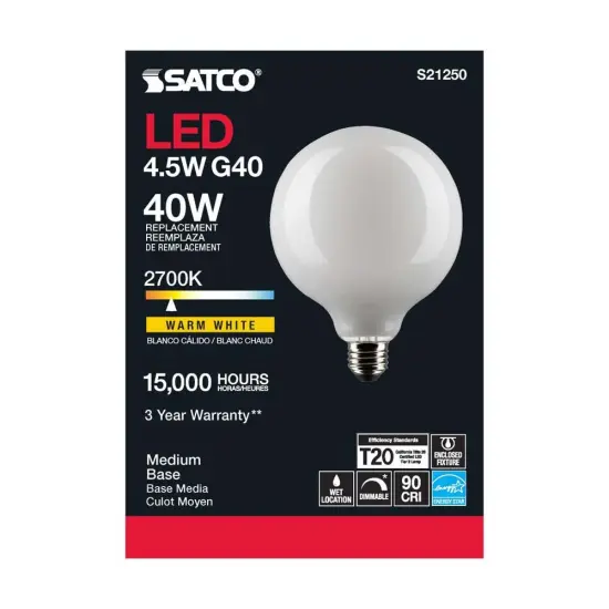 6Pk - Satco 4.5w G40 Globe LED 2700K E26 Medium Base White Dimmable - 40w equiv Warm White {5}