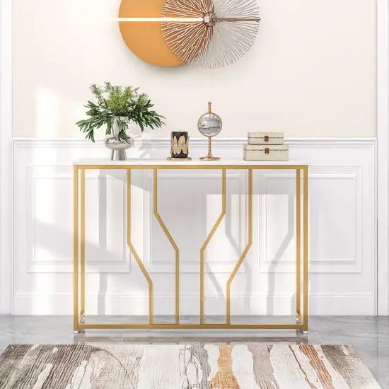 Costway 44" Gold Console Table with Faux Marble Tabletop Golden Metal Frame for Entrance {5}