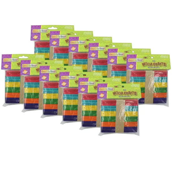 Regular Craft Sticks, Bright Hues Assorted, 4 1/2" x 3/8" x 2mm, 150 Per Pack, 12 Packs {1}