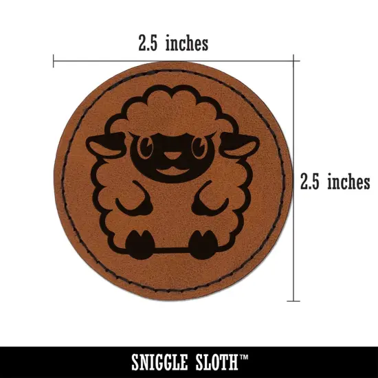 Cute Wooly Sheep Lamb Sitting Round Iron-On Engraved Faux Leather Patch Applique - 2.5" Brown {3}