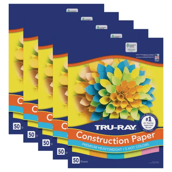 Construction Paper, 5 Assorted Hot Colors, 12" x 18", 50 Sheets Per Pack, 5 Packs {1}