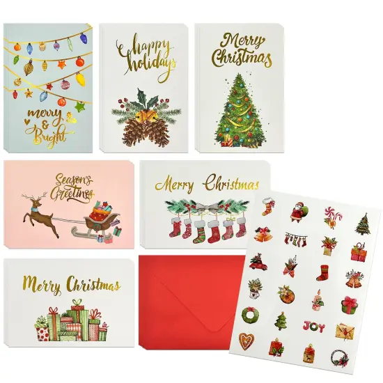 Wrapables Blank Gold Foil Christmas Greeting Cards with Envelopes & Stickers for Holidays, Friends, Family (Set of 24) {1}