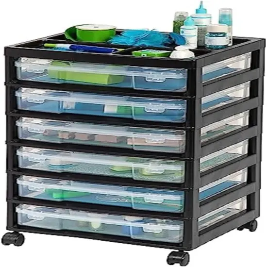 IRIS USA 6 Drawer 12" x 12" Scrapbook Rolling Storage Cart with Organizer Top and 6 Clear Cases, Black/White {7}
