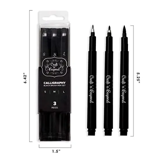 3 Pieces Calligraphy Brush Pens Small, Medium and Large Markers for Hand Lettering, Art Drawing, Sketching, Scrapbooking, Journaling - Beginner Kit with Fadeproof Black Ink {1}