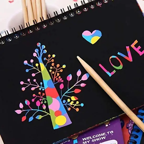 12 Pieces of Set , 4 pck Scratch Arts Drawing Notebook for Kids Drawing Pad, Large Rainbow Scratch Drawing Paper Set for Kids Art Supplies (with 4 Wooden Stylus & 4 Drawing Stencils) {4}
