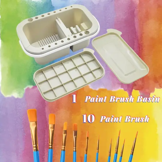Paint Brush Cleaner,Paint Brush Basin with 10 PCS Paint Brushes,Paint Brush Holder and Organizers with Palette for Acrylic, for Watercolor and Water Based Paints (Gery) {1}