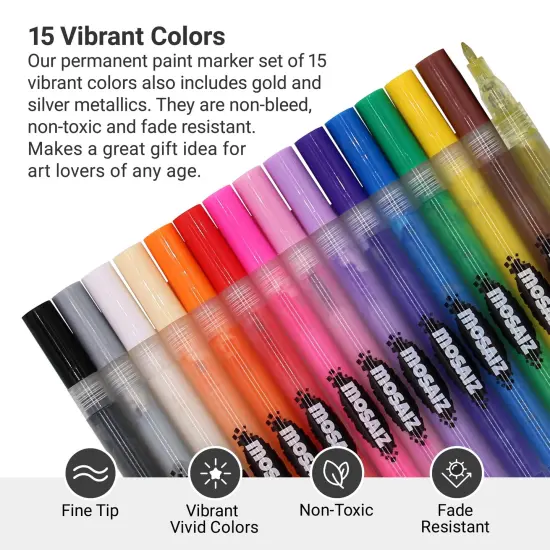 15 Colors Acrylic Paint Pens for Rock Painting including Gold and Silver Metallic Acrylic Paint Markers 0.7 mm Fine Point Pen for Glass, Wood Crafts, Metal {6}